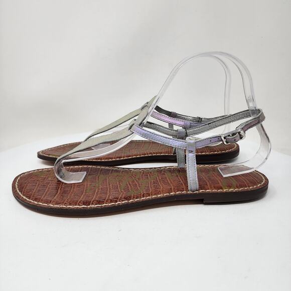 Sam Edelman Gigi Sandal Size 10M Iridescent T-Strap Toe Post Leather Flats Grey - Picture 5 of 11